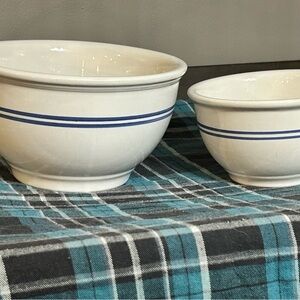 Elegant White Ceramic Bowls with Blue Stripes